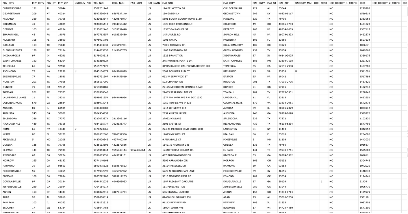 The image is a screenshot of a webpage titled "2000 Unique Active Trucking Carrier Leads - Hand-curated for quality" by "Never Stop Trucking." Below, there's a table with columns for Carrier Name, MC Number, DOT Number, Phone Number, Email Address, State, Equipment Type, and Special Notes, listing detailed information for various trucking carriers.