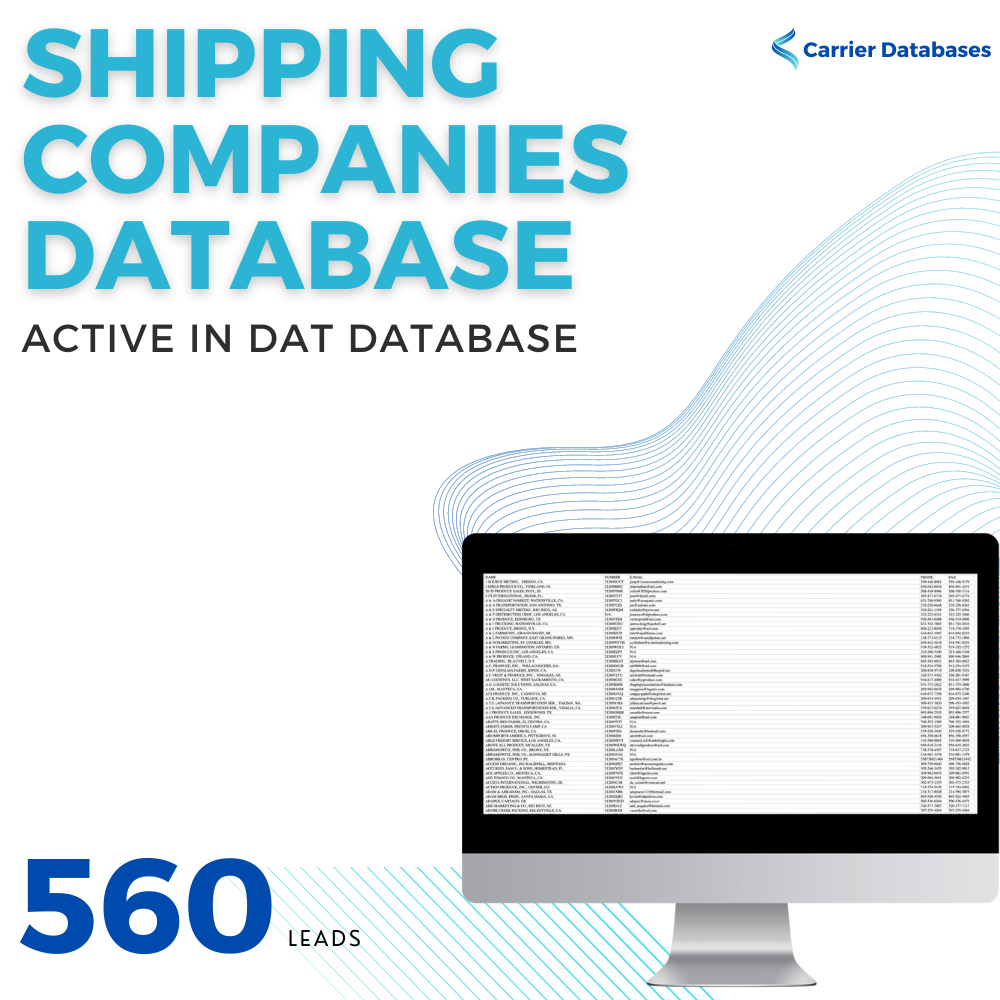 The image is a screenshot of a webpage titled "Shipping Companies Database - 560 Shippers - Active Shippers in DAT." Below, there is a table with columns for Company Name, Phone Number, Email Address, State, and Special Notes, listing detailed information for various shipping companies.