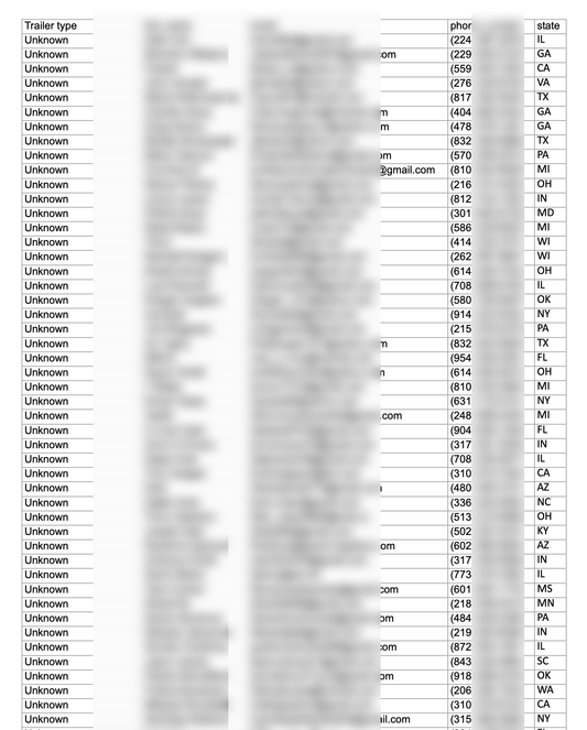 “Table of owner-operator leads; full names blurred, email local parts hidden, phone numbers masked after area code; trailer type and state shown.”