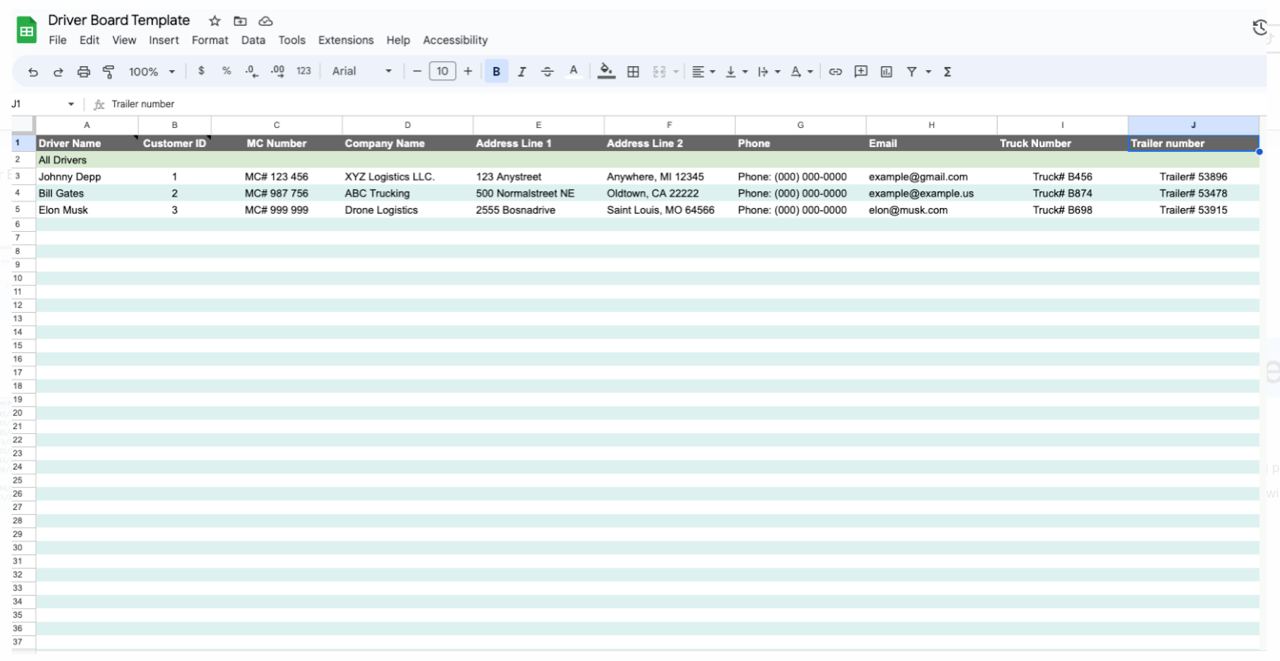 Driver Board Template for Dispatchers - Carrier Databases Leads